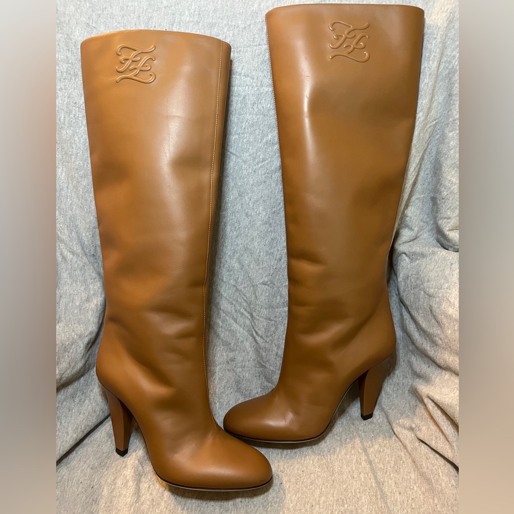 Fendi Tan Kaligraphy Over the Knee Boots